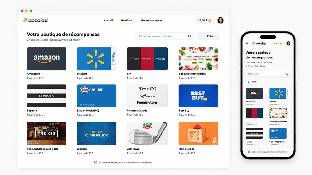 Interface Accolad montrant l'envoi programmé de récompenses de reconnaissance à 120 employés, avec aperçu de la notification reçue sur mobile (carte-cadeau Amazon de 25$