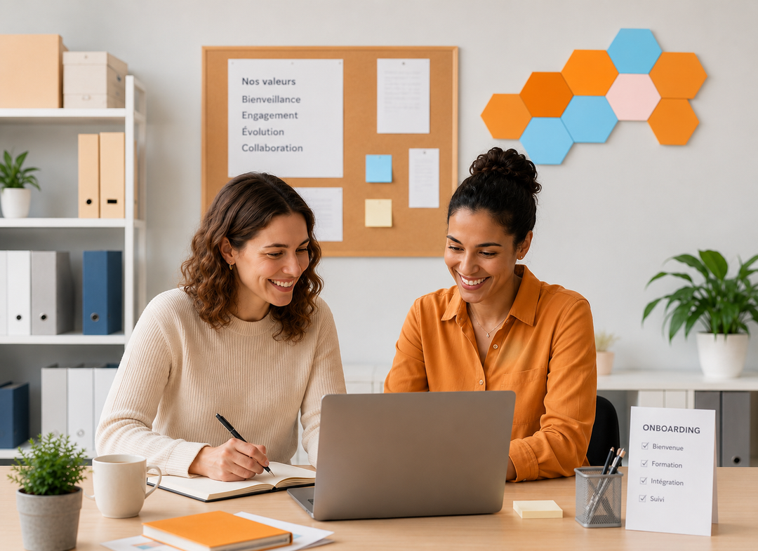Deux employées souriantes collaborant sur un ordinateur portable dans un bureau, avec un babillard affichant les valeurs de l'entreprise (bienveillance, engagement, évolution, collaboration) en arrière-plan